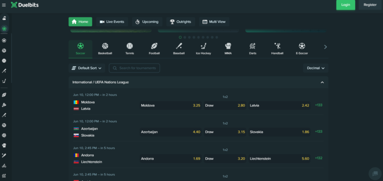 Duelbits sportsbook showing football betting markets and promotions