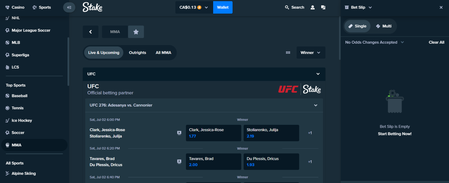 Stake sportsbook interface showing live betting markets and sports selection