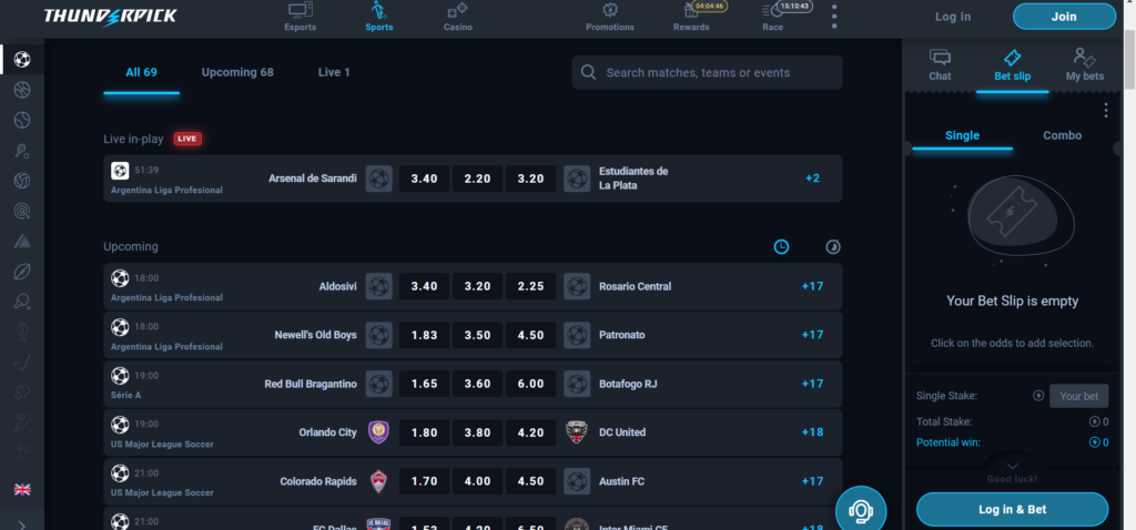 Thunderpick sportsbook interface showing esports betting markets