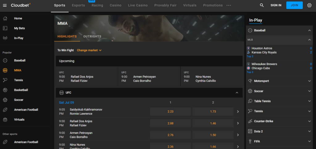 Cloudbet sportsbook interface showing best odds and sports markets